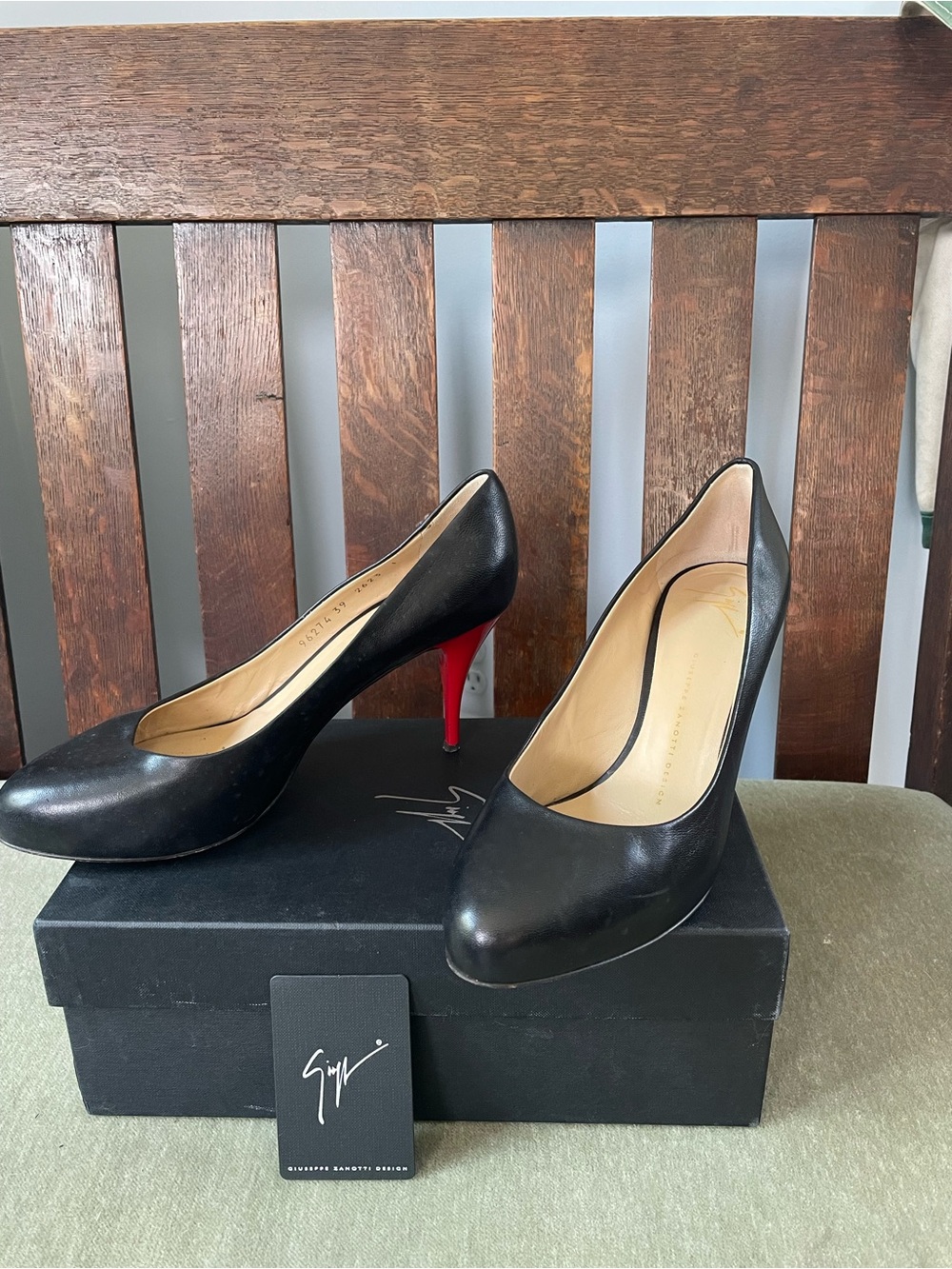 Giuseppe Zanotti Black Leather Pumps with Red Stiletto Heels - Picture 2 of 5